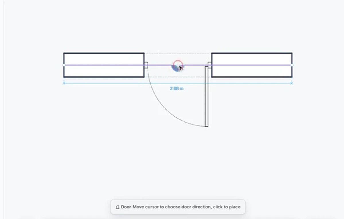 Door swing preview in the Synaps editor: a door between two wall segments, its arc drawn and a hint to choose the direction.
