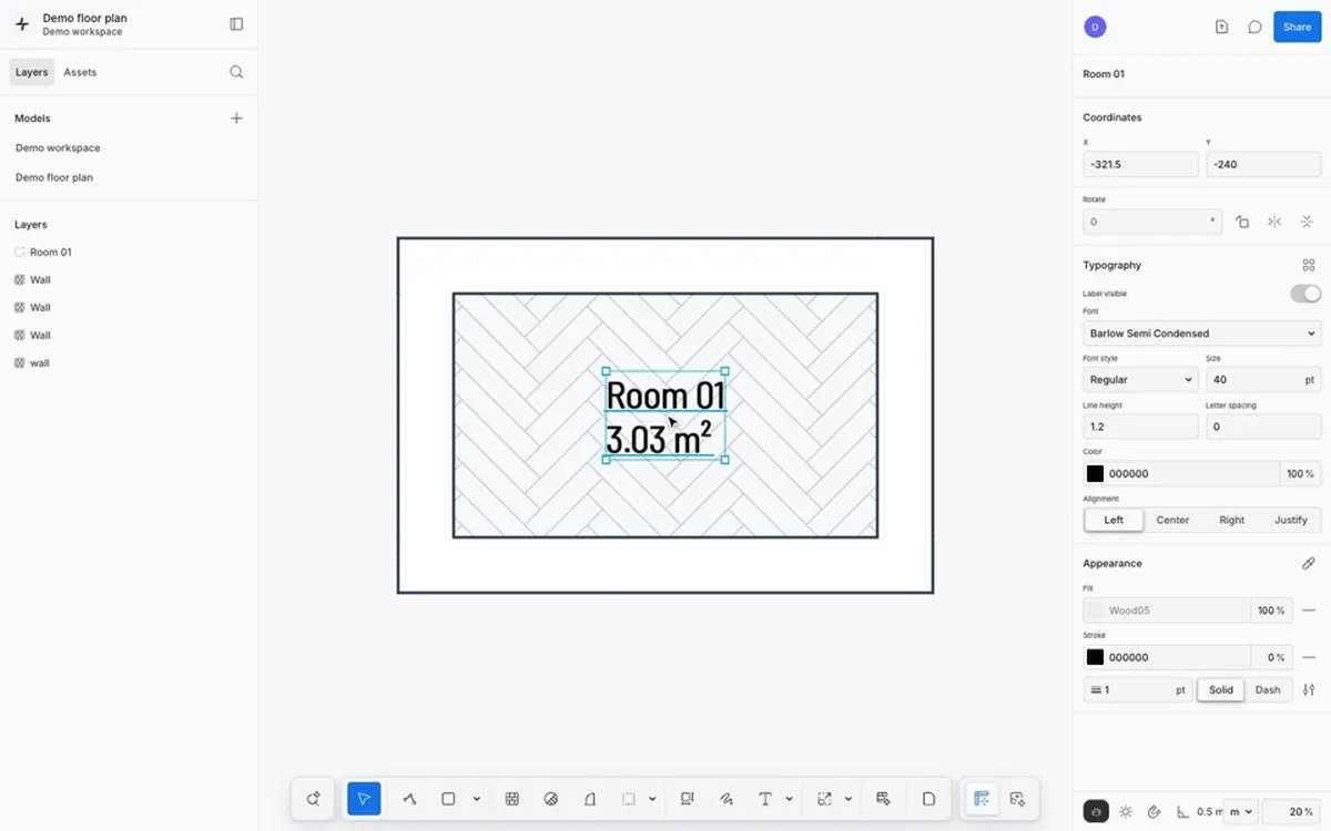 A drafting editor showing a filled room inside a closed loop of walls, labelled Room 01 with an area of 3.03 m².