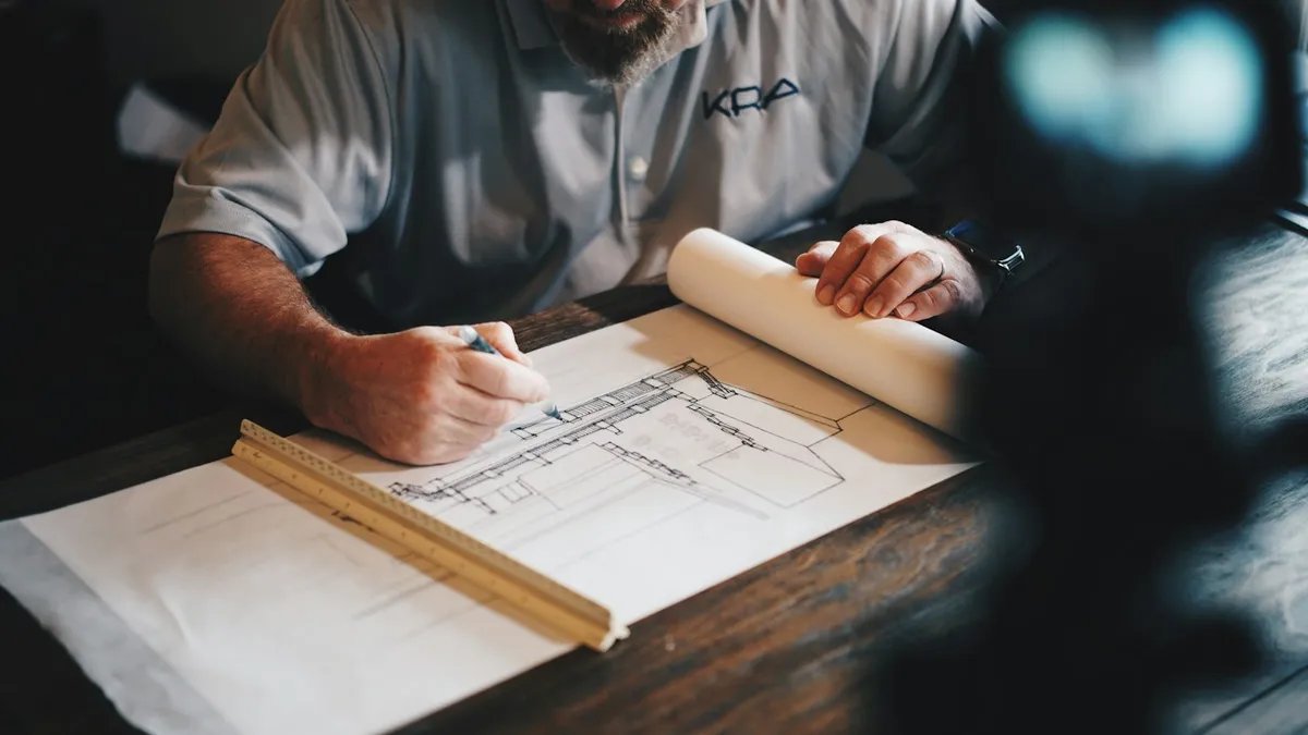 An architect drafting a floor plan by hand with a pencil and a scale ruler.