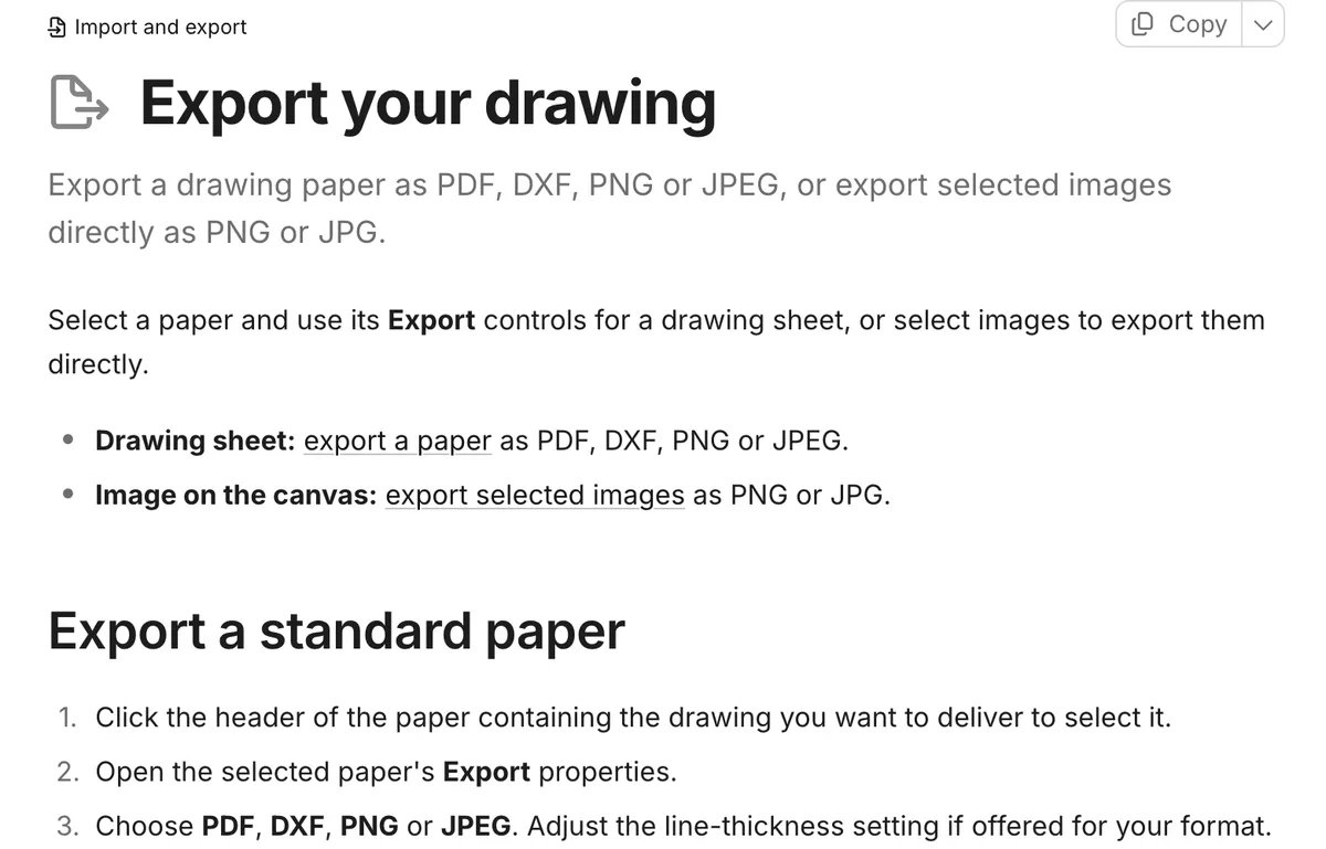 Synaps documentation page titled Export your drawing, listing PDF, DXF, PNG and JPEG for a drawing paper.