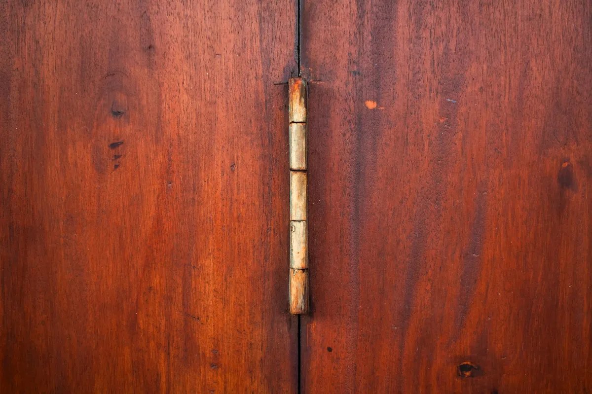 A worn brass hinge between two dark red timber door leaves, seen straight on.