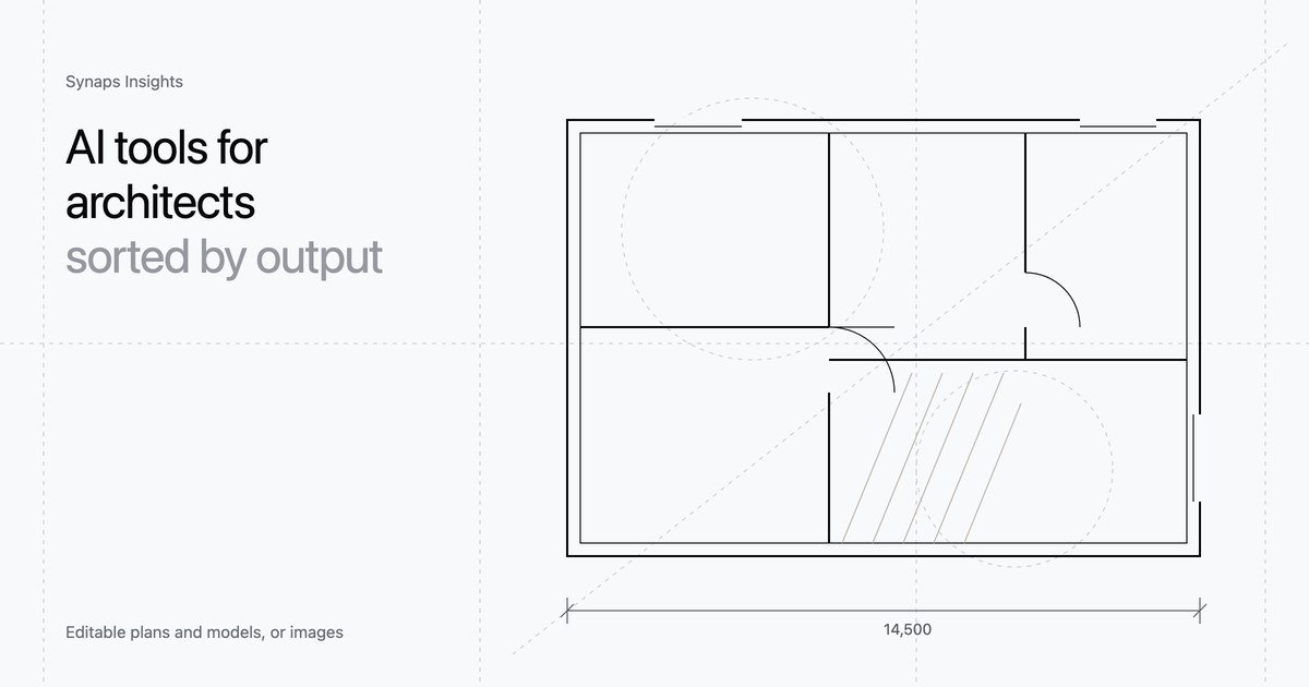 Line drawing of a floor plan with a dimension line, next to the title AI tools for architects, sorted by output.