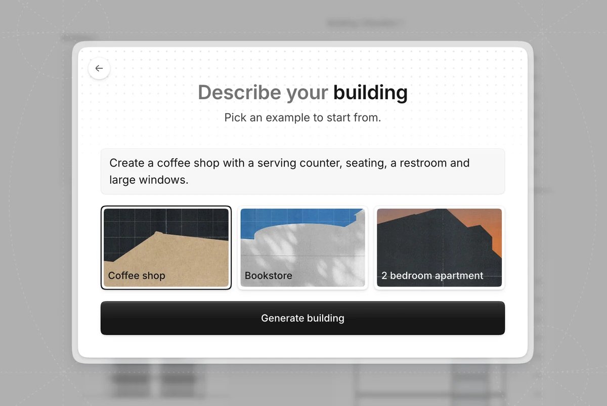 Synaps Describe your building dialog with a coffee shop brief typed in, three example cards and a Generate building button.