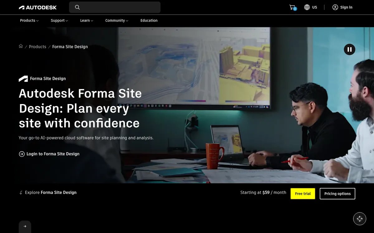 Autodesk Forma Site Design product page hero, captured 29 September 2026.