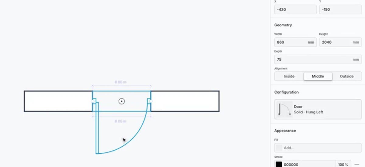 Synaps editor with a selected door and its swing in a wall, beside a Geometry panel reading Width 860 mm and Height 2040 mm.