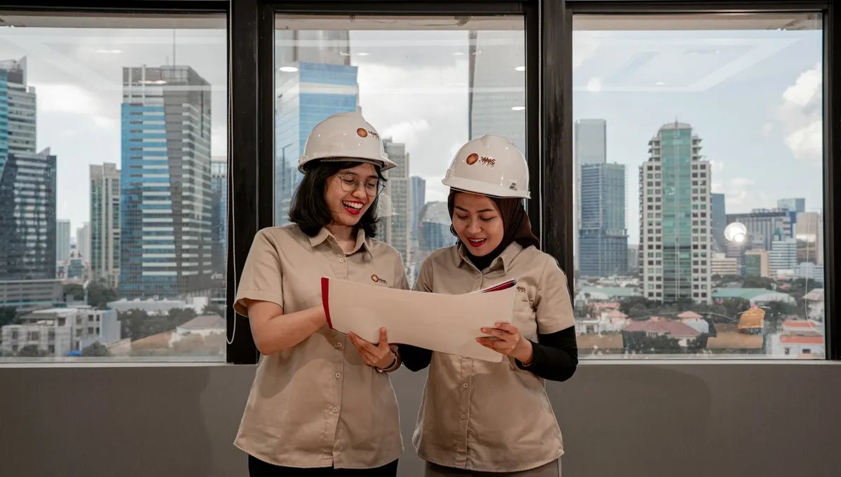 Two people in hard hats read a large sheet beside a large window, with city towers behind them.