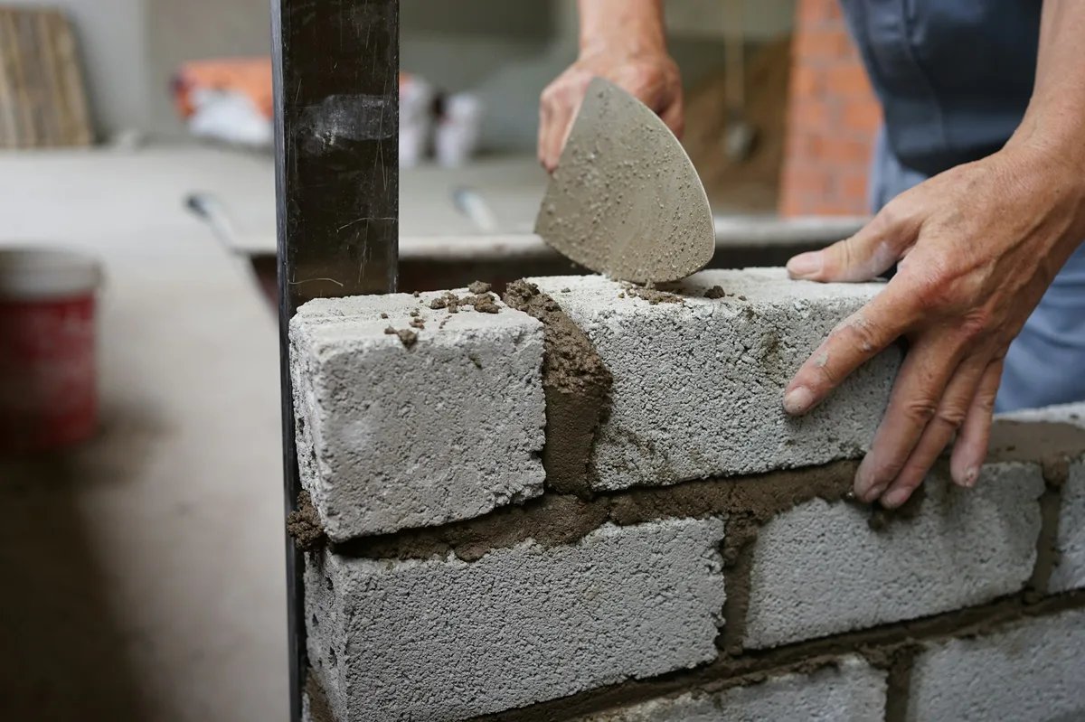 A mason spreading mortar on a course of concrete blocks with a trowel beside a vertical guide rail.