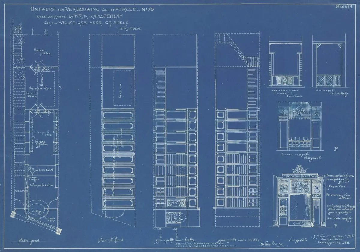 Old blueprint with a floor plan, ceiling plan and elevations of a shop on one sheet.