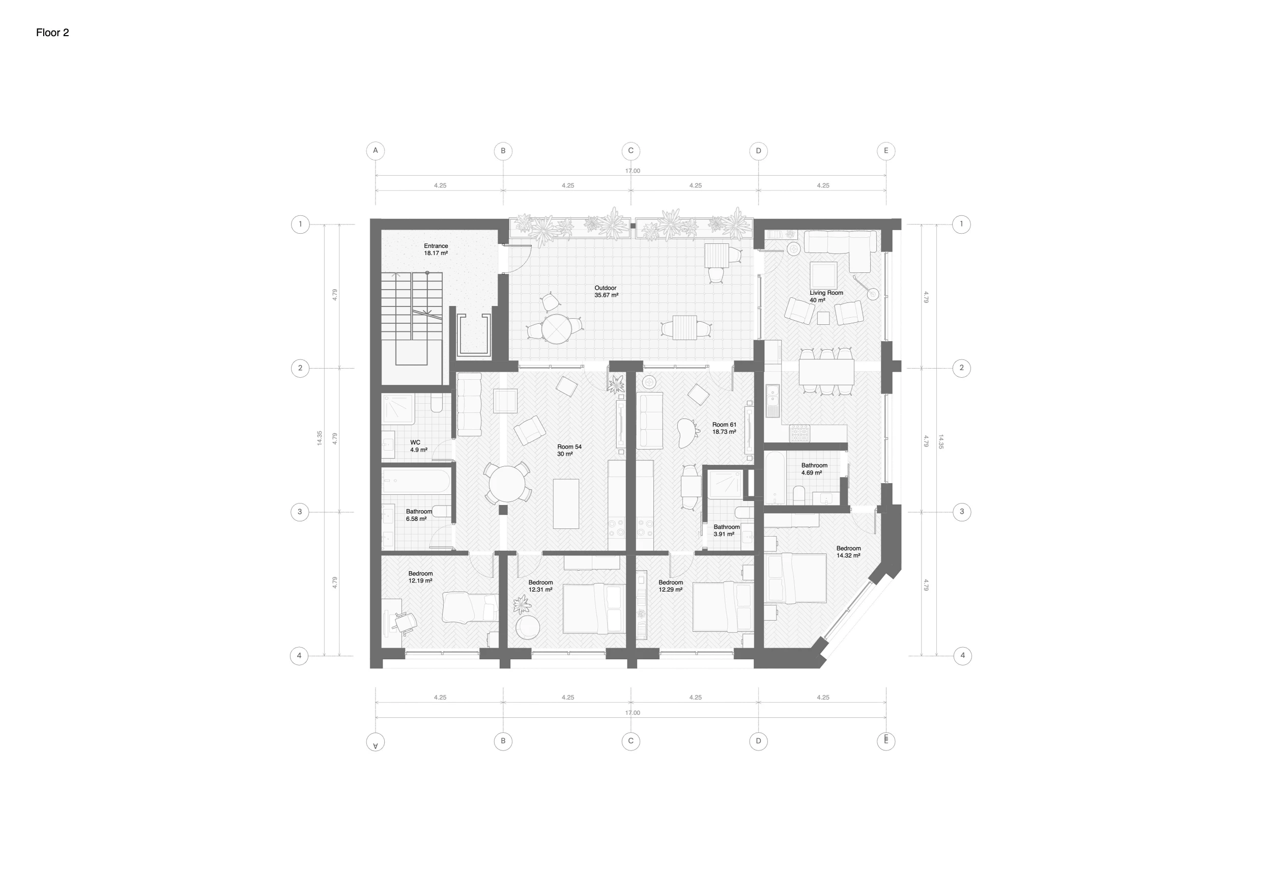 Dimensioned second-floor plan with residential spaces and an outdoor terrace