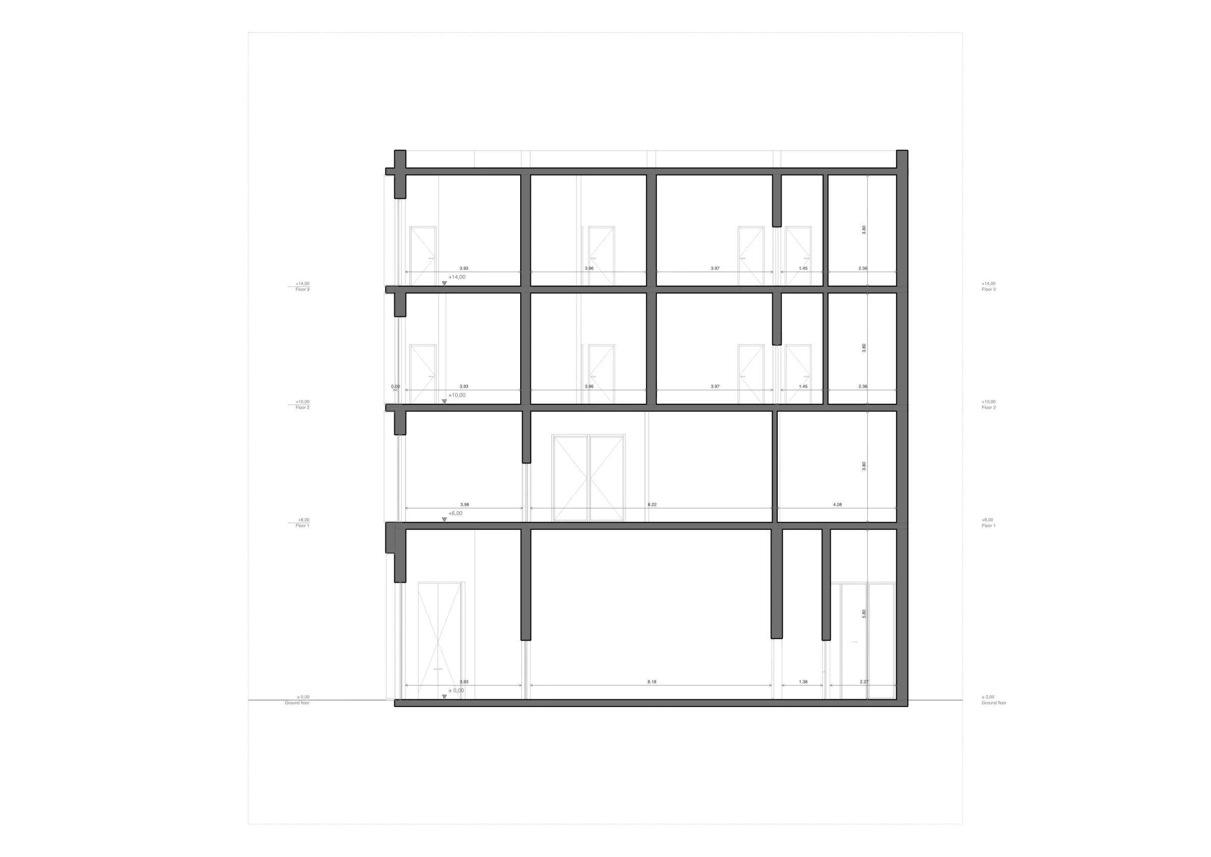 Section through the four-storey corner building
