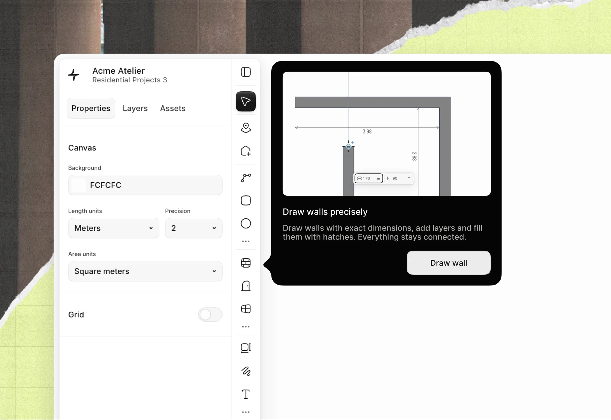 The Draw walls precisely tool in the Synaps editor, with canvas properties and exact wall dimensions