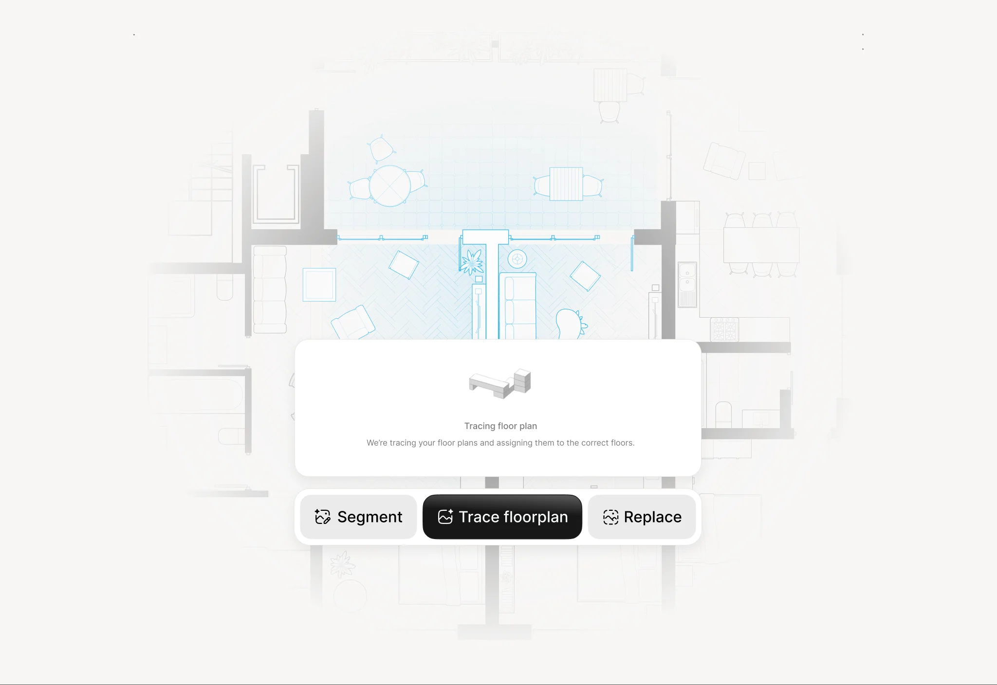 AI floor plan tracing with Segment, Trace floor plan and Replace controls