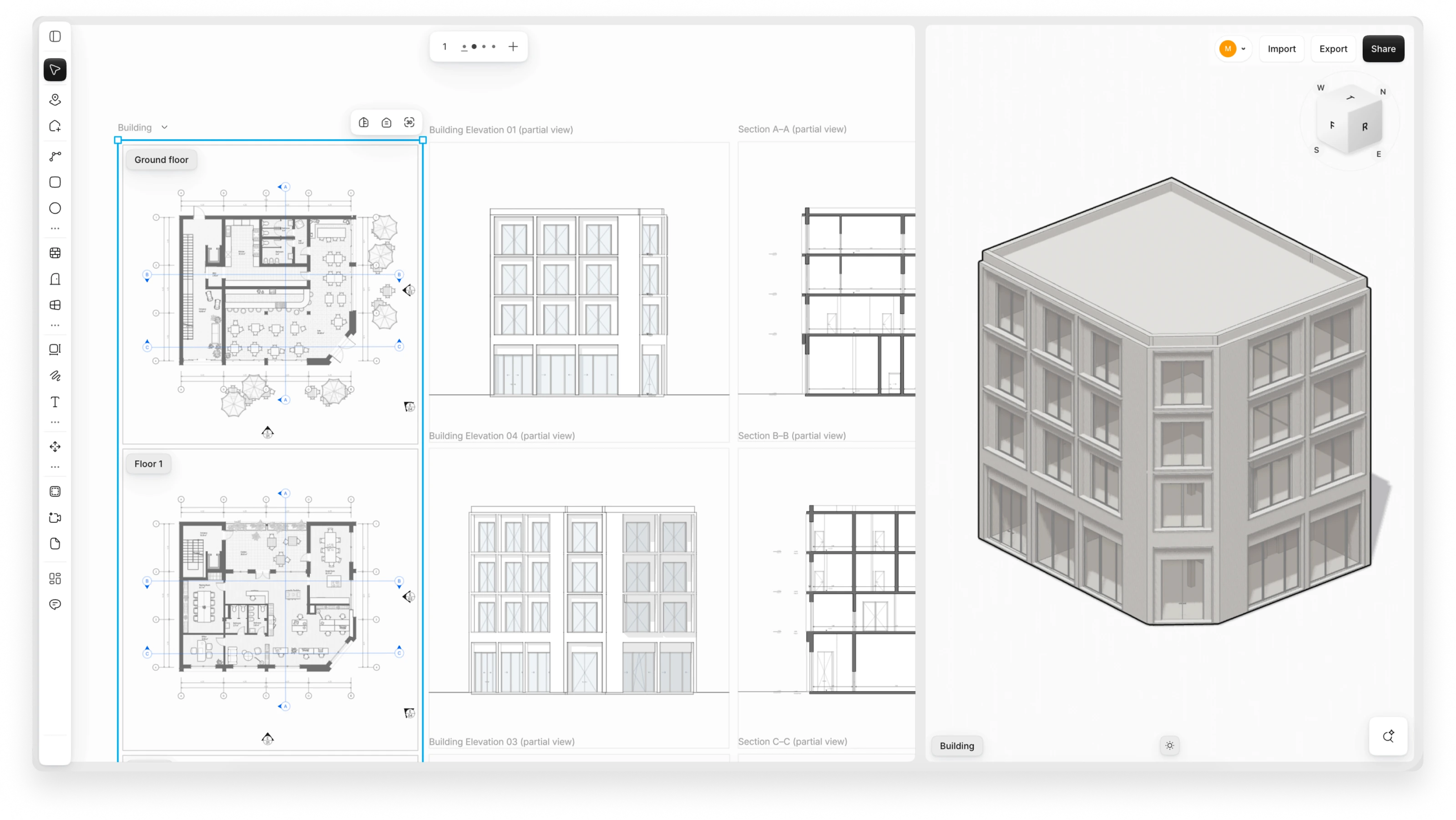 Synaps workspace showing floor plans, elevations and sections next to a connected 3D building model