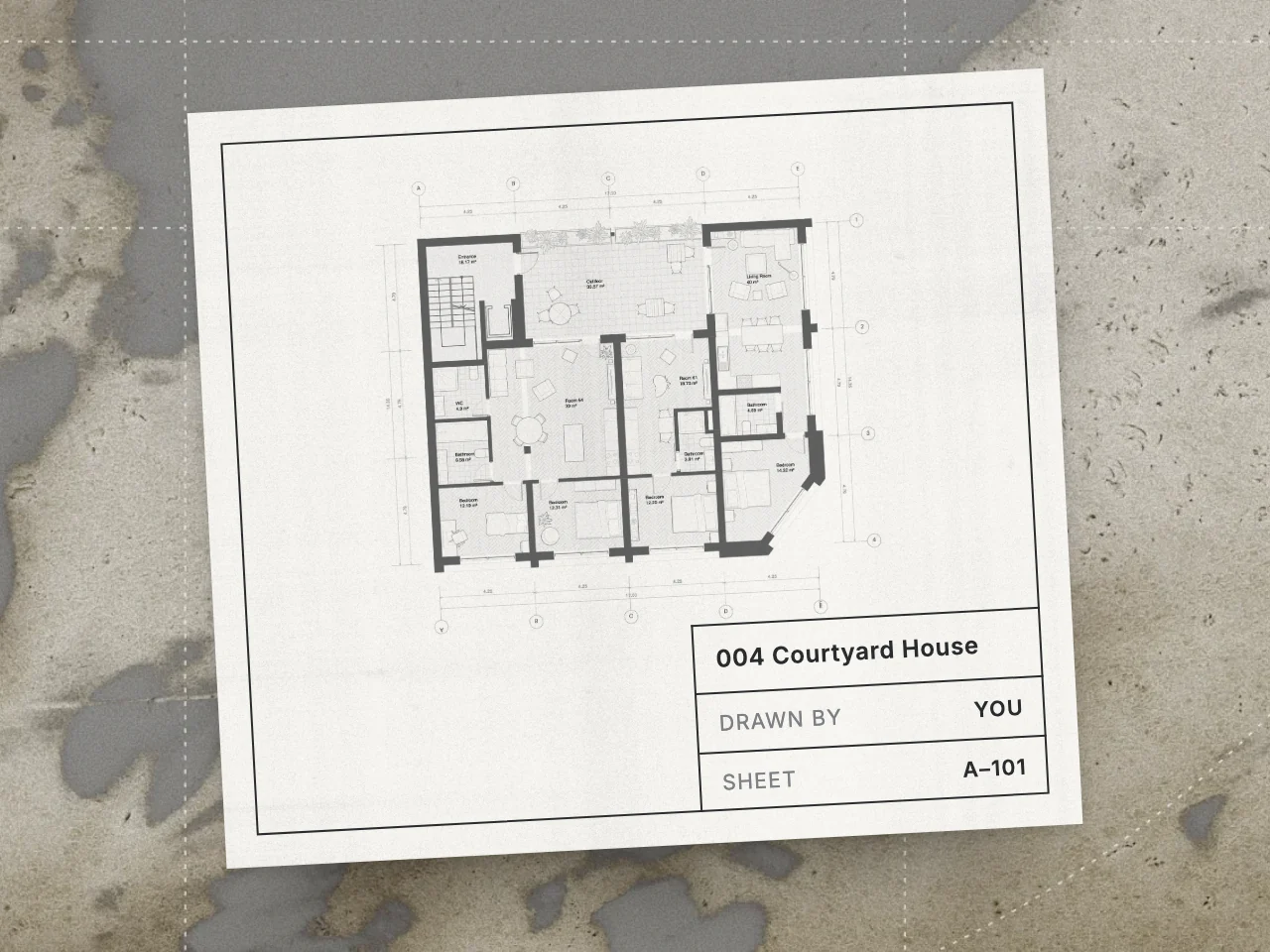 A floor plan sheet for 004 Courtyard House with a title block that reads Drawn by You