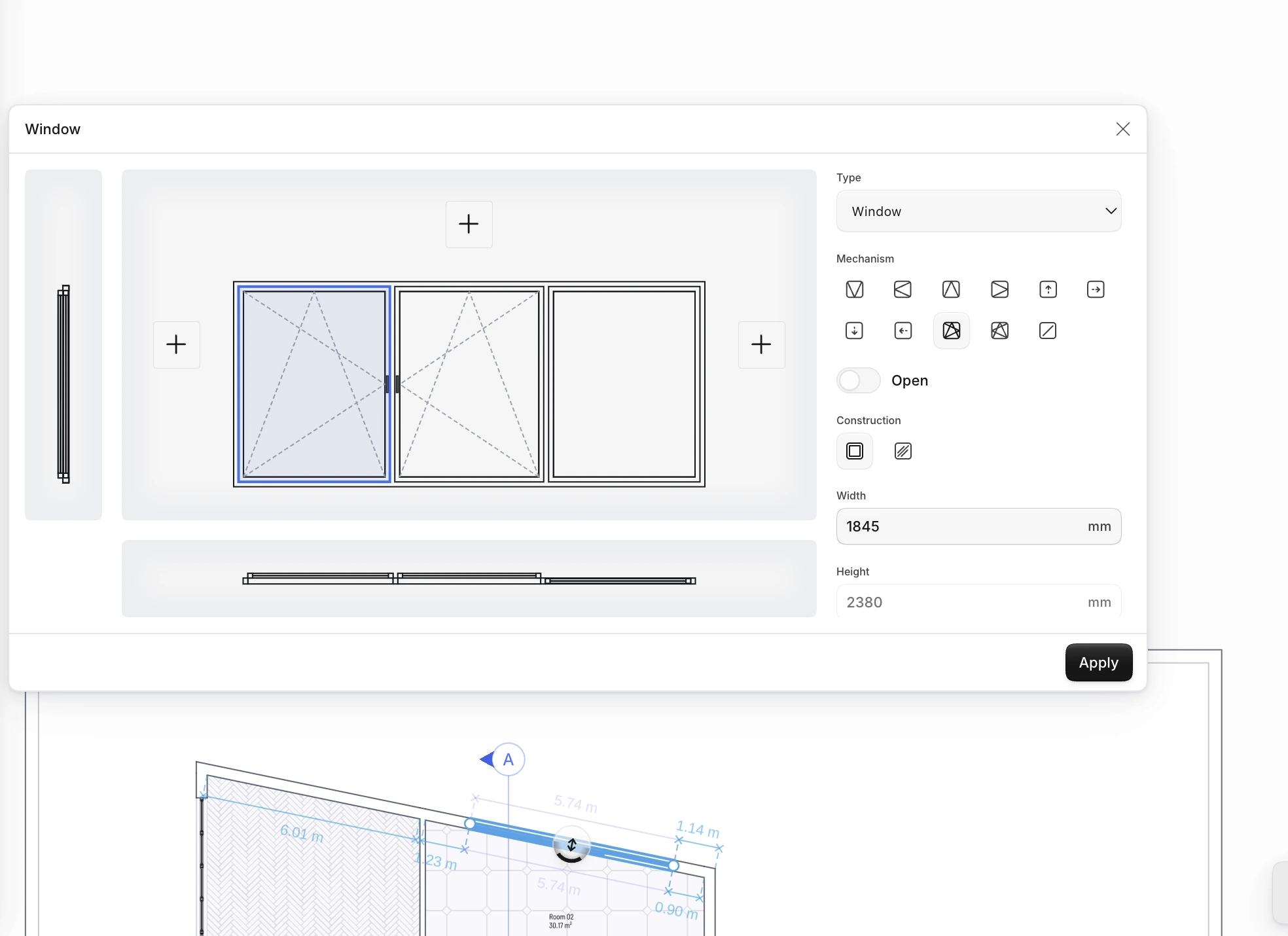 Window editor showing a three-panel window, opening mechanisms, construction options, and dimensions